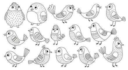 Fototapeta premium A charming collection of whimsical, hand-drawn cartoon birds, each with unique patterns and expressions, presented in a clean, black and white illustration.