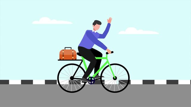 Animated video of goal man riding a bicycle on the highway to the office. Bike To work concept. Full length animation illustration. High quality&nbsp;4k&nbsp;footage