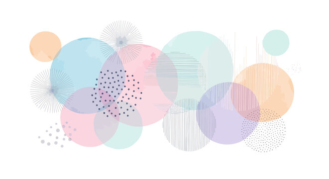 A whimsical arrangement of overlapping watercolor circles in soft pastel colors, with subtle textures and dotted patterns.