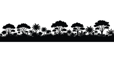 A striking black silhouette of a lush tropical forest landscape with varied trees ideal for design on transparent background high quality