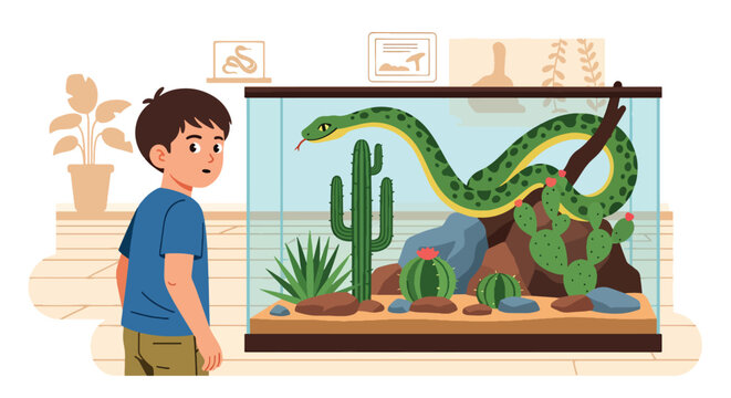 Boy peeking into snake terrarium with desert plants and rocks, showing curiosity, reptile education, and wildlife discovery during zoo visit in modern flat vector illustration