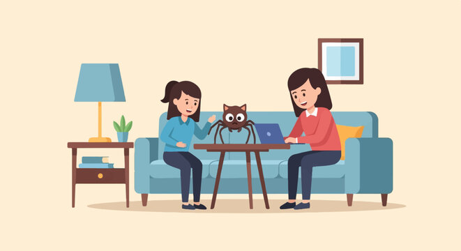 Two women and a spider-cat sit on a couch with a laptop