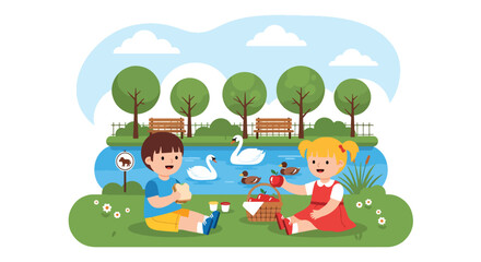 Kids enjoying picnic near lake with swans and ducks under trees, showing relaxing family moment, nature appreciation, and balanced zoo visit in modern flat vector illustration
