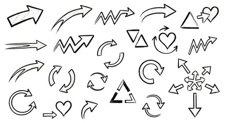 A collection of hand-drawn arrows and symbols in black and white, illustrating various directions and concepts.