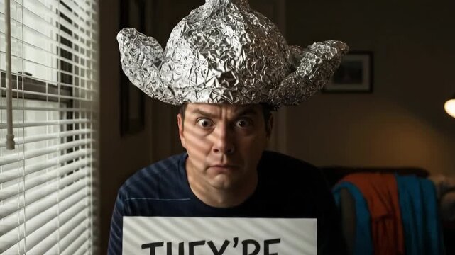 Man wearing a tin foil hat and holding a conspiracy theory sign. Disturbed man peeking from behind window blinds.