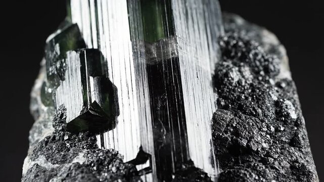 Extreme macro cinematic view of green tourmaline crystal. Slow rotation showcasing elongated mineral structure and translucent facets in high-definition close-up