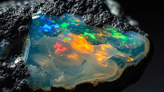 Extreme macro cinematic view of iridescent opal gemstone. Close-up reveals colorful play of light in rough black matrix. Natural mineral sparkle and texture for jewelry design concept