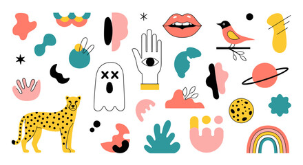 A vibrant collection of abstract shapes, a cheetah, a ghost, a bird, lips, a hand with an eye, and a rainbow. © Busters 