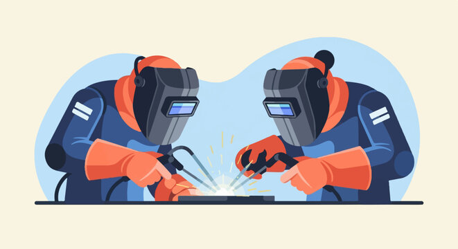 Two welders in protective gear creating sparks from metalwork