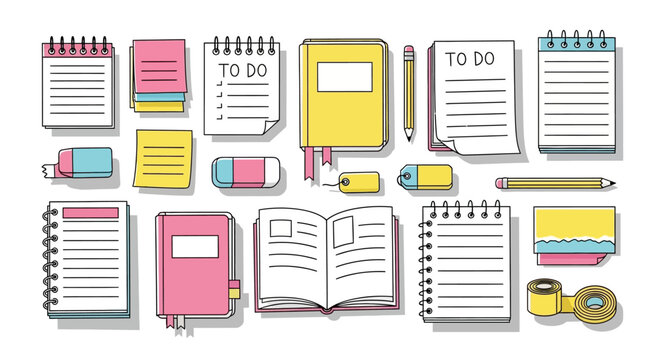 A collection of stationery items including notebooks, notepads, erasers, pencils, and a tape dispenser, arranged in a flat lay style.