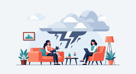 Fototapeta premium Two women and a dog sit in a living room under a stormy sky
