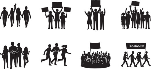 Crowd of diverse people protesting with signs and flags for social change.