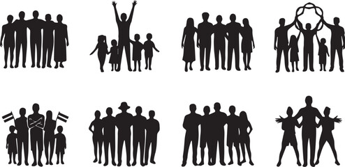 Diverse group silhouettes representing community, unity, family, and celebration.