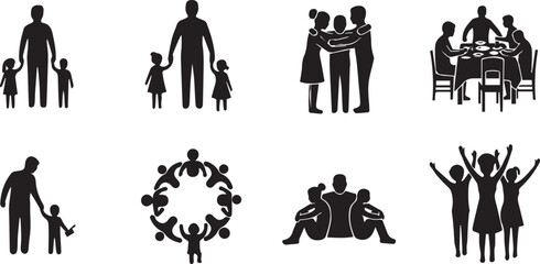 Family and group silhouettes showing love, unity, and togetherness in various poses.