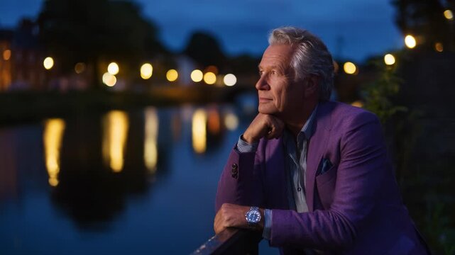 A thoughtful man gazes into the evening river, illuminated by soft lights reflecting off the water, evoking feelings of contemplation and serenity during a tranquil twilight moment.