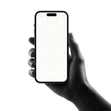 Hand holding a modern smartphone with a blank white screen against a dark background isolated on a transparent background