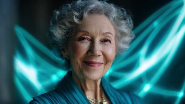 A captivating portrayal of a graceful elder woman exuding warmth and wisdom, adorned with shimmering, ethereal wings, embodying the essence of a gentle spirit 