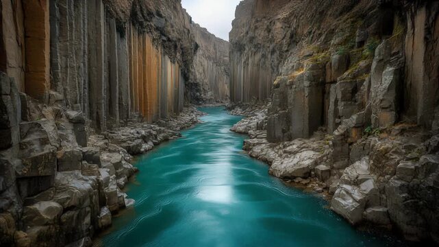 Turquoise River Flowing Through Dramatic Basalt Canyon Landscape