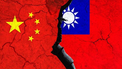 China and Taiwan flags divided by crack symbolizing conflict.
