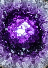 Macro shot of vibrant purple amethyst crystals clustered inside a hollow geode, showing detailed natural structure and light refraction, earth, pattern, exploration