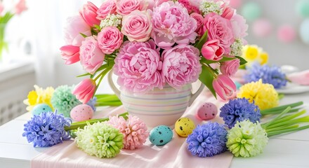 Obraz premium Easter sunday floral arrangement with pink roses and colorful eggs