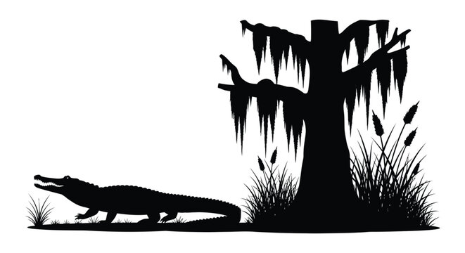 A striking black silhouette of an alligator near a spanish moss draped tree on transparent background high quality professional detailed modern