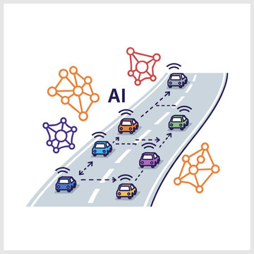 Autonomous Cars on Highway AI Network Connected Vehicle Technology.