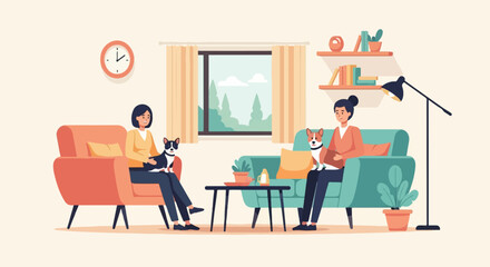 Fototapeta premium Two women and their dogs relax in a cozy living room setting