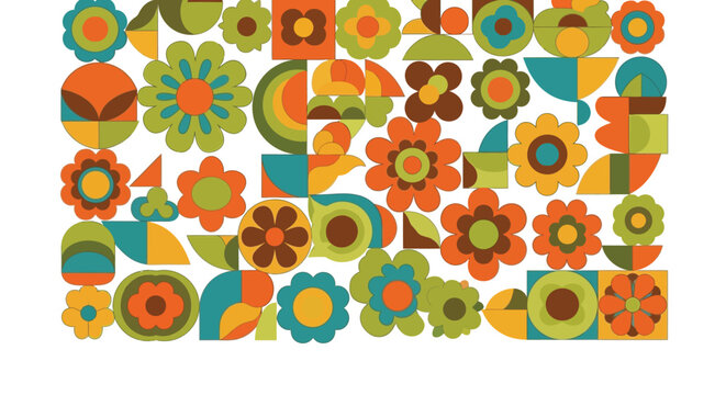 Vibrant collection of retro seventies style floral and abstract geometric shapes creating a seamless pattern design with earthy warm colors