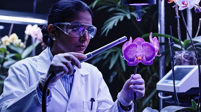 Female botanist examines a purple orchid in a plant research lab. She uses scientific equipment to scan the flower's health. Advanced biotechnology research.