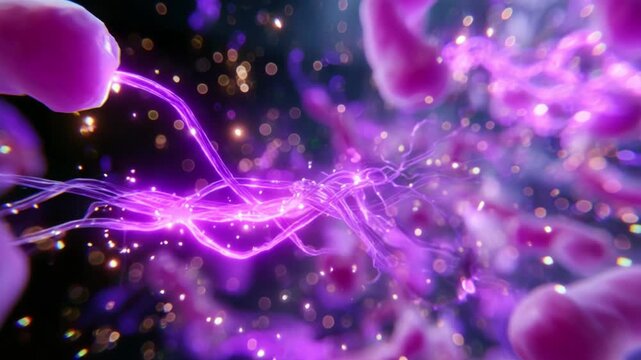 An intricate and mesmerizing visualization of microscopic fibers and glowing particles intertwining in a vibrant purple and soft pink design, creating a fascinating representation of cellular activity