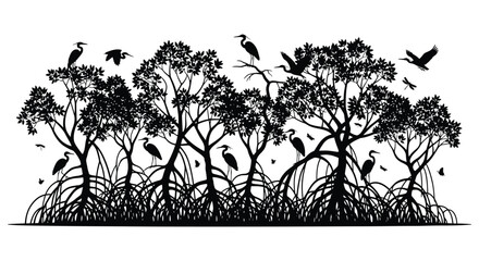 Obraz premium A striking black silhouette of mangrove trees with wading birds and flying silhouettes on transparent background high quality professional detailed modern