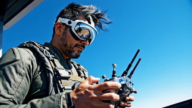 Man operates FPV drone controller outdoors. He wears futuristic goggles reflecting a distant landscape. Modern drone pilot concept.