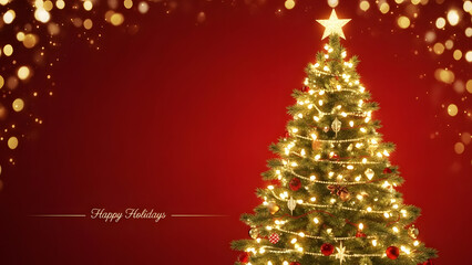 Happy holidays greeting background featuring glowing christmas tree with golden ornaments and sparkling bokeh light border on red texture for winter festive design and seasonal celebration concepts