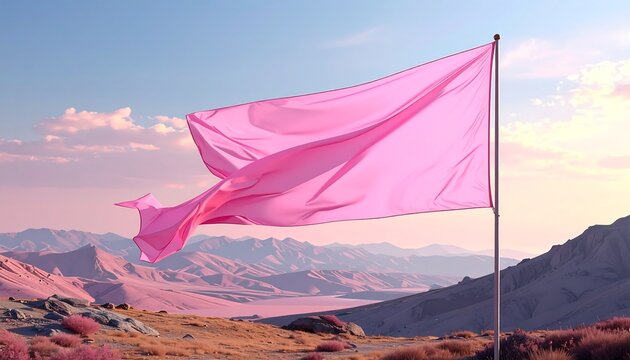 A vibrant pink flag billows in the wind against a surreal desert landscape bathed in soft pastel hues, under a clear sky