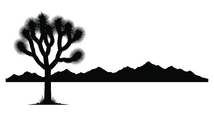A striking black silhouette of a desert landscape featuring a joshua tree and mountains on transparent background high quality professional detailed © mrvect02