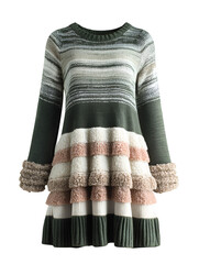 Striped knit sweater dress with pom poms