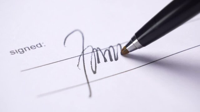 Pen tip close to a contract document line where a signature will be added indicating a legal agreement