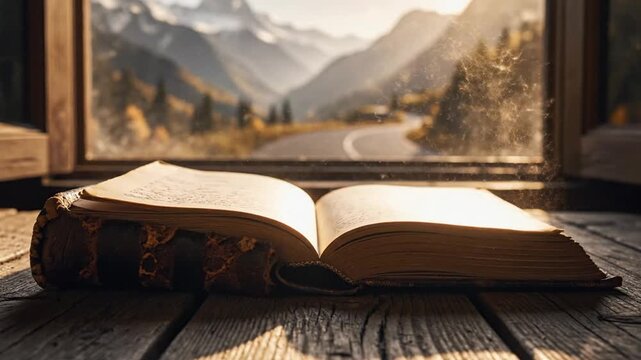 Solitary leather bound book lies open on weathered wooden table with warm sunlight and distant mountains