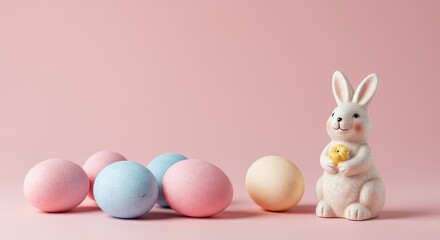 A gentle composition featuring soft pastel Easter eggs next to a cute ceramic rabbit figurine in sweet spring colors, sphere, decoration, colors