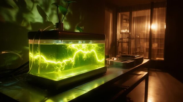 A Glowing Aquatic Experiment Showcasing Striking Green Lightning Patterns in a Laboratory Environment, Captured in Dramatic Lighting and Unique Perspectives