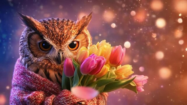 Charming owl wrapped in blanket holding colorful tulip bouquet with bokeh background. March 8, International Women's Day. Mother's Day. Spring