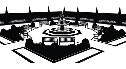 A striking black silhouette of a formal garden with a central fountain benches and manicured hedges on transparent background high quality © mrvect02