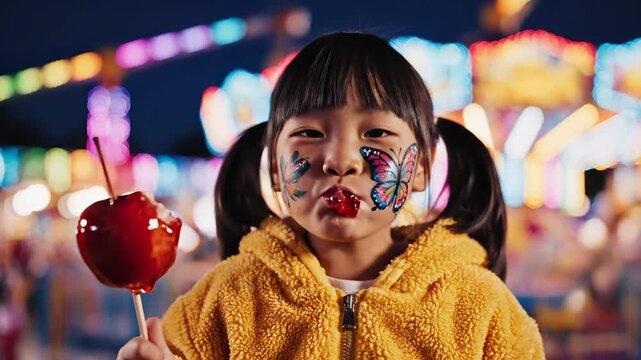 Young Asian girl with butterfly face paint eats a candy apple. She smiles brightly at a vibrant night fair in her yellow fluffy jacket.