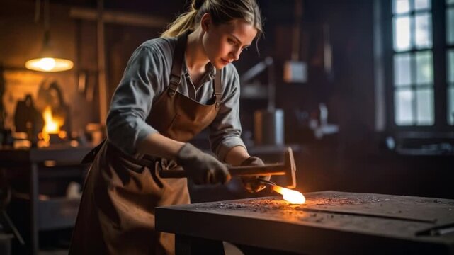 Woman blacksmith forges metal in workshop with warm lighting