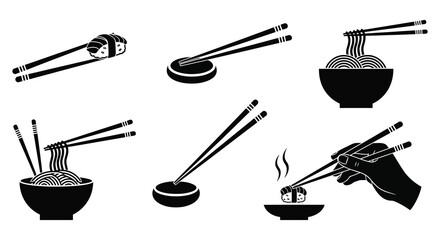 Fototapeta premium Black and white illustrations of ramen chopsticks and bowls ideal for culinary designs on transparent background silhouette high quality professional detailed