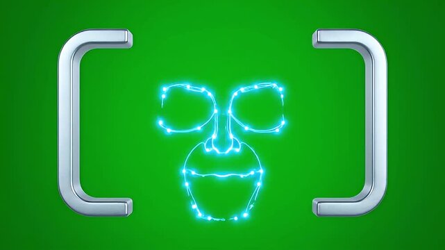 Neon blue monkey face outline with glowing dots and lines, framed by metallic silver brackets on a vibrant green background, digital art.