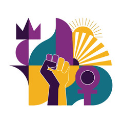 Feminist graphic with raised fist, crown, and sun, representing female empowerment and strength