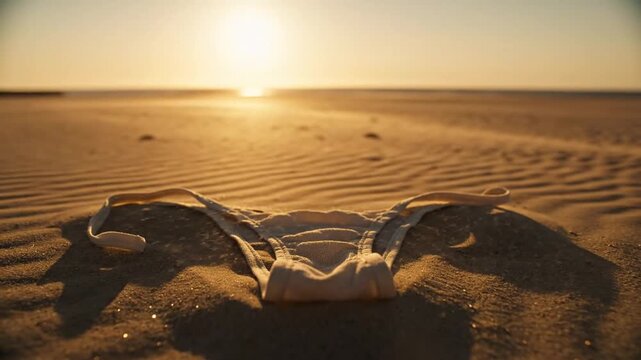 Solitary minimalist thong lying abandoned on sun-bleached windswept sand at sunset