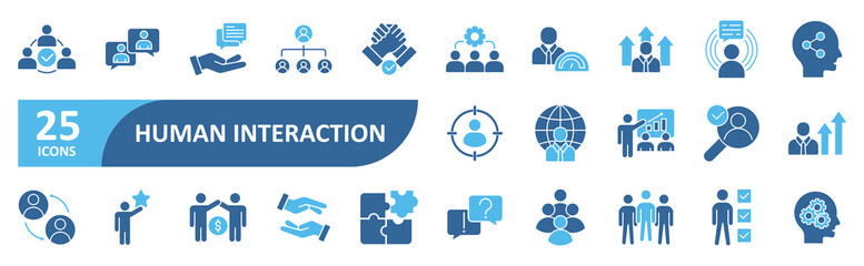 Human Interaction icon set In Blue Style, Vector Illustration. Contain icons related to interaction, connect, network, friends, human relationships, communication, people, networking